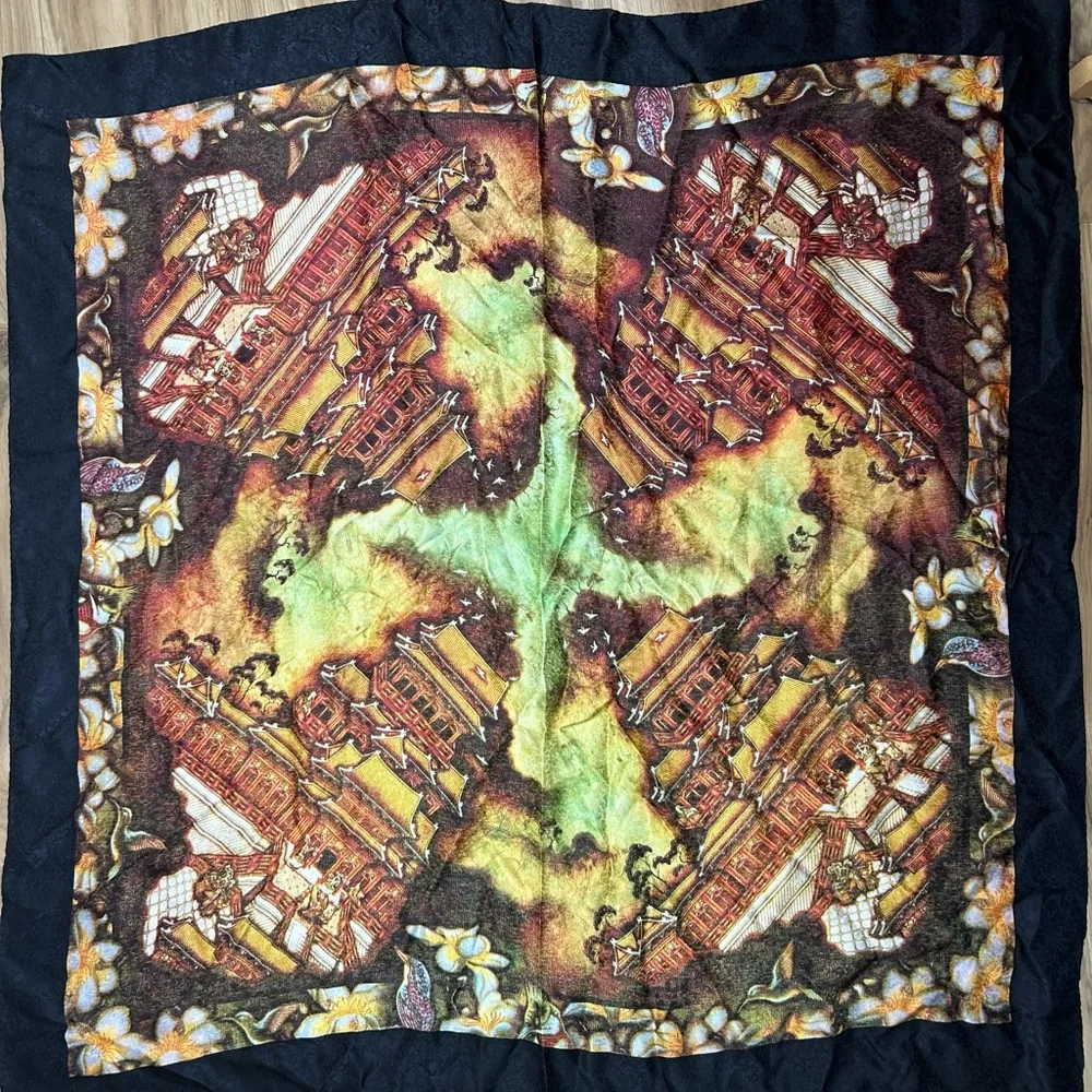 Vintage Kowloon Shangri-La HONG KONG 100% SILK‎ Scarf Asian Architecture Birds